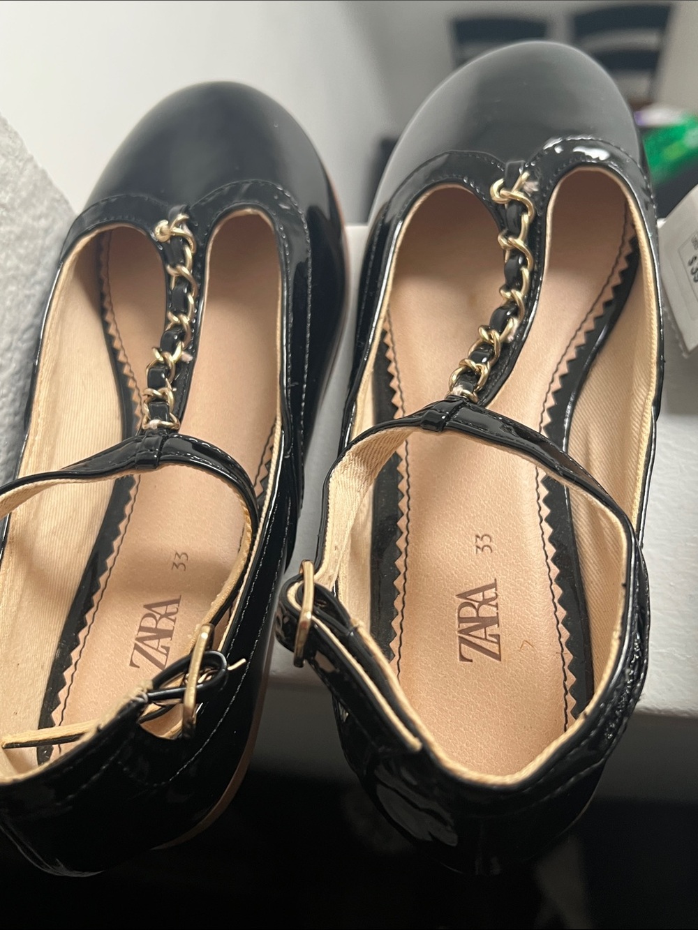 Zara Black Patent T-Strap Ballet Flats with Gold Chain